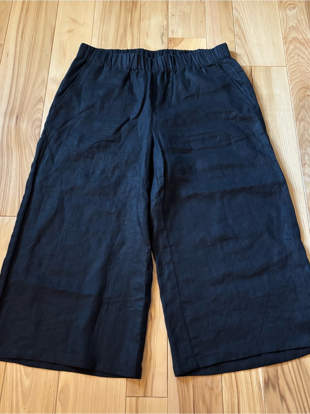 Eileen Fisher Black Linen Cropped Wide Leg High Waisted Pull On Pants